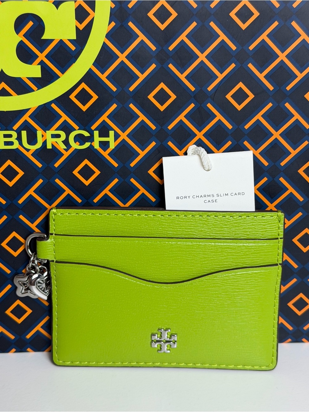 Tory Burch Lime Green Rory Charms Slim Card Case